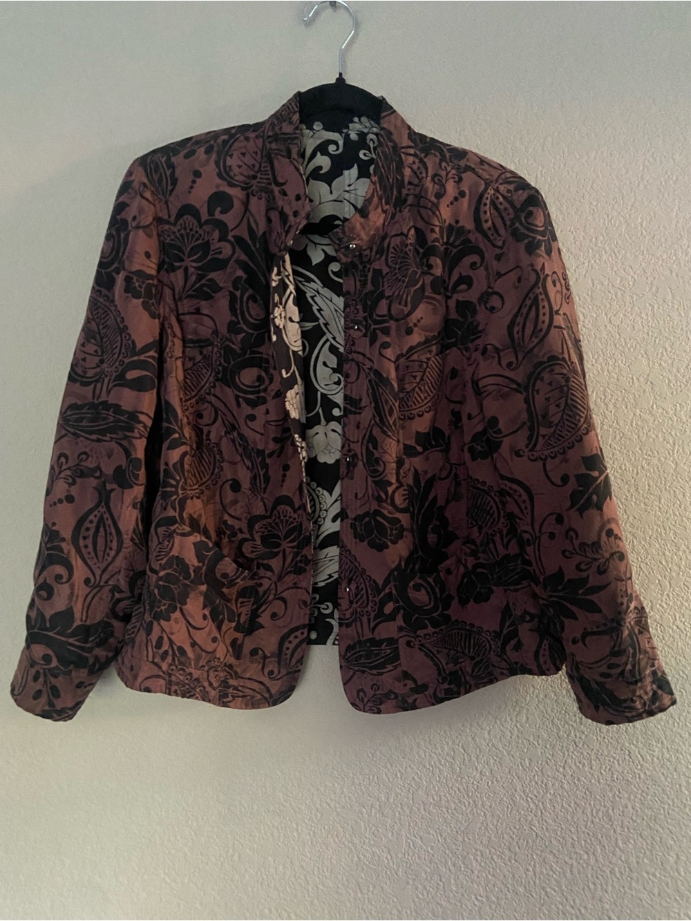 Sigrid Olsen Women's Quilted Jacket 100% Silk Sz 12 Reversible dusty rose black